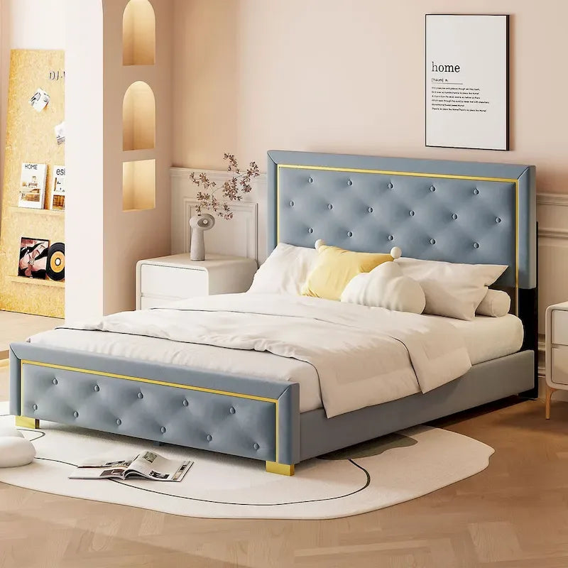 Lit plate-forme tapissé en velours Queen Size – Beige / Noir / Gris, Pour 2