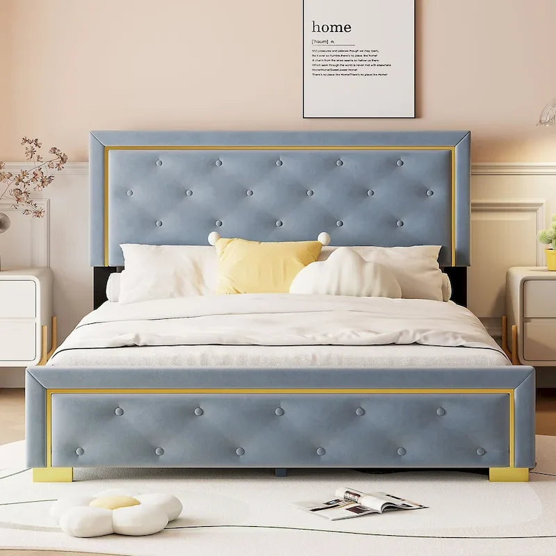 Lit plate-forme tapissé en velours Queen Size – Beige / Noir / Gris, Pour 2
