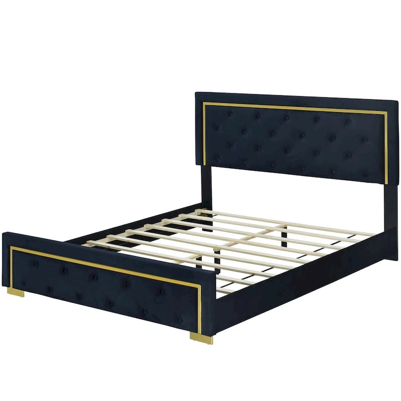Lit plate-forme tapissé en velours Queen Size – Beige / Noir / Gris, Pour 2