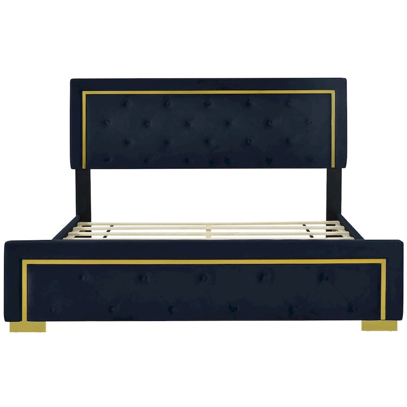 Lit plate-forme tapissé en velours Queen Size – Beige / Noir / Gris, Pour 2