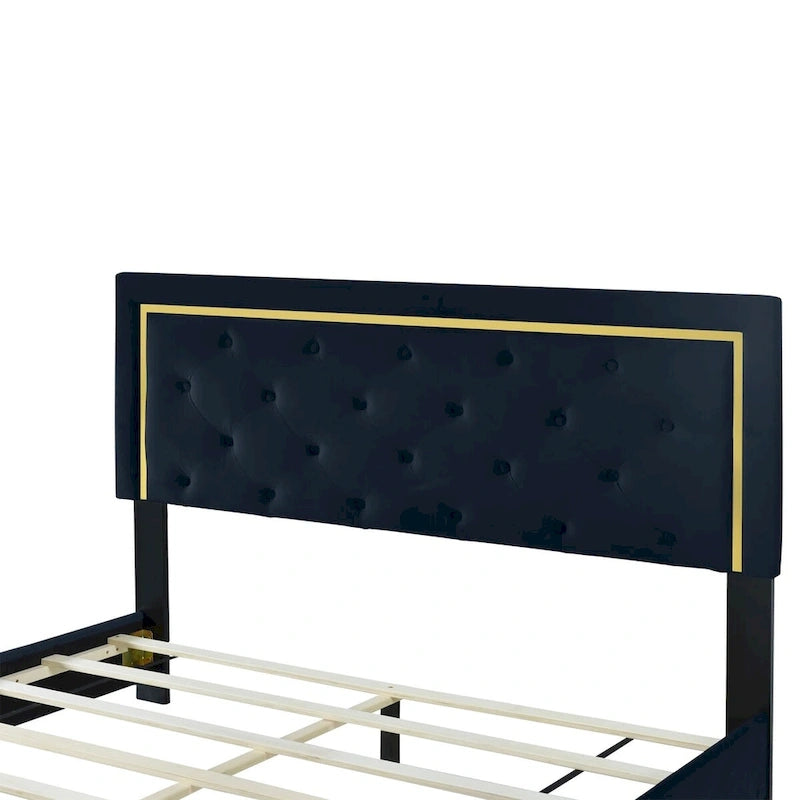 Lit plate-forme tapissé en velours Queen Size – Beige / Noir / Gris, Pour 2