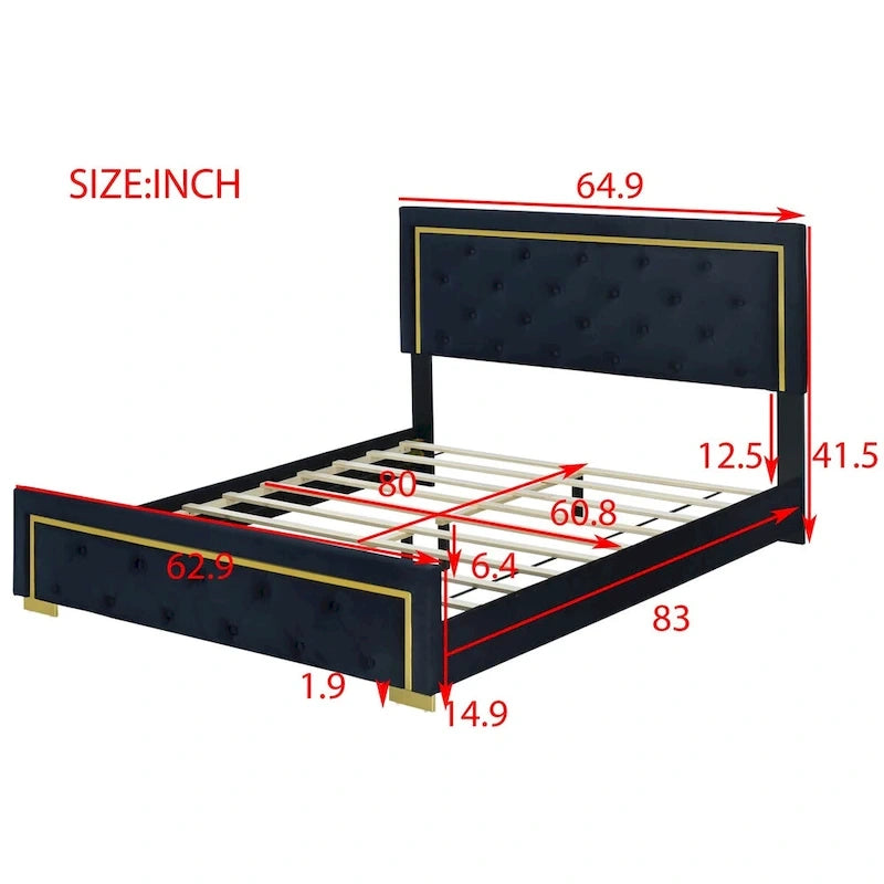 Lit plate-forme tapissé en velours Queen Size – Beige / Noir / Gris, Pour 2