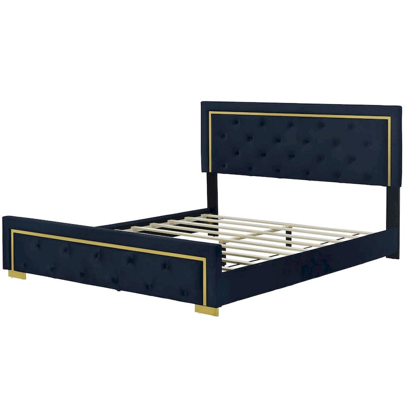 Lit plate-forme tapissé en velours Queen Size – Beige / Noir / Gris, Pour 2