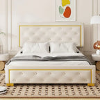 Lit plate-forme tapissé en velours Queen Size – Beige / Noir / Gris, Pour 2