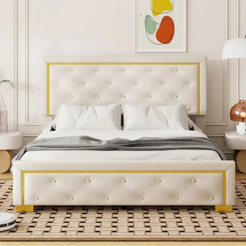 Lit plate-forme tapissé en velours Queen Size – Beige / Noir / Gris, Pour 2