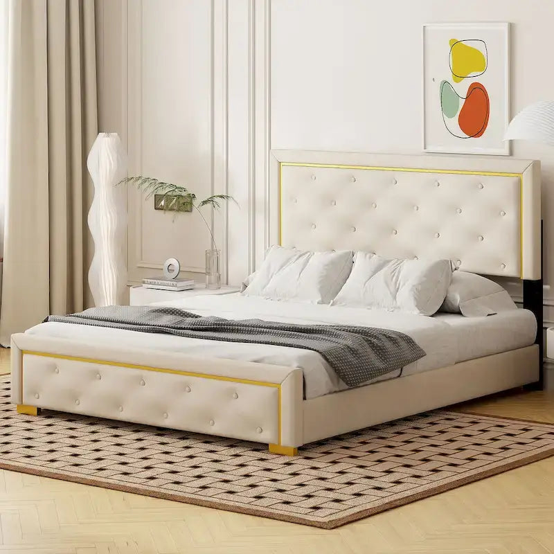 Lit plate-forme tapissé en velours Queen Size – Beige / Noir / Gris, Pour 2