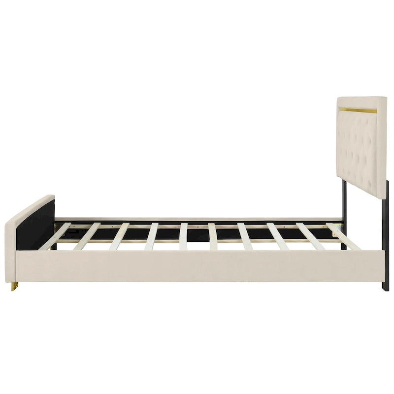 Lit plate-forme tapissé en velours Queen Size – Beige / Noir / Gris, Pour 2