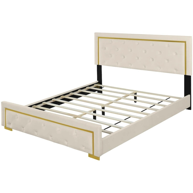 Lit plate-forme tapissé en velours Queen Size – Beige / Noir / Gris, Pour 2