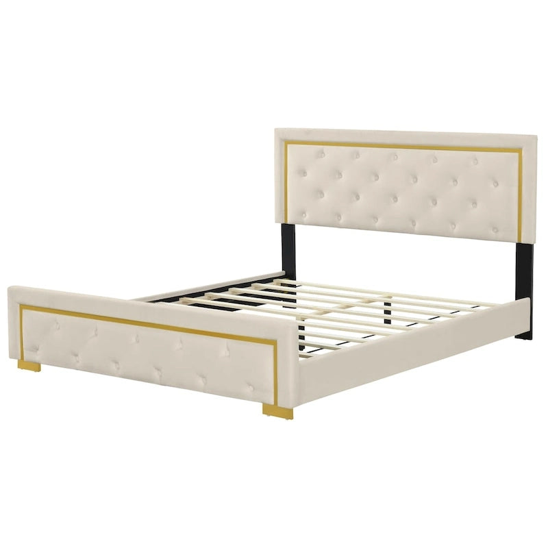Lit plate-forme tapissé en velours Queen Size – Beige / Noir / Gris, Pour 2