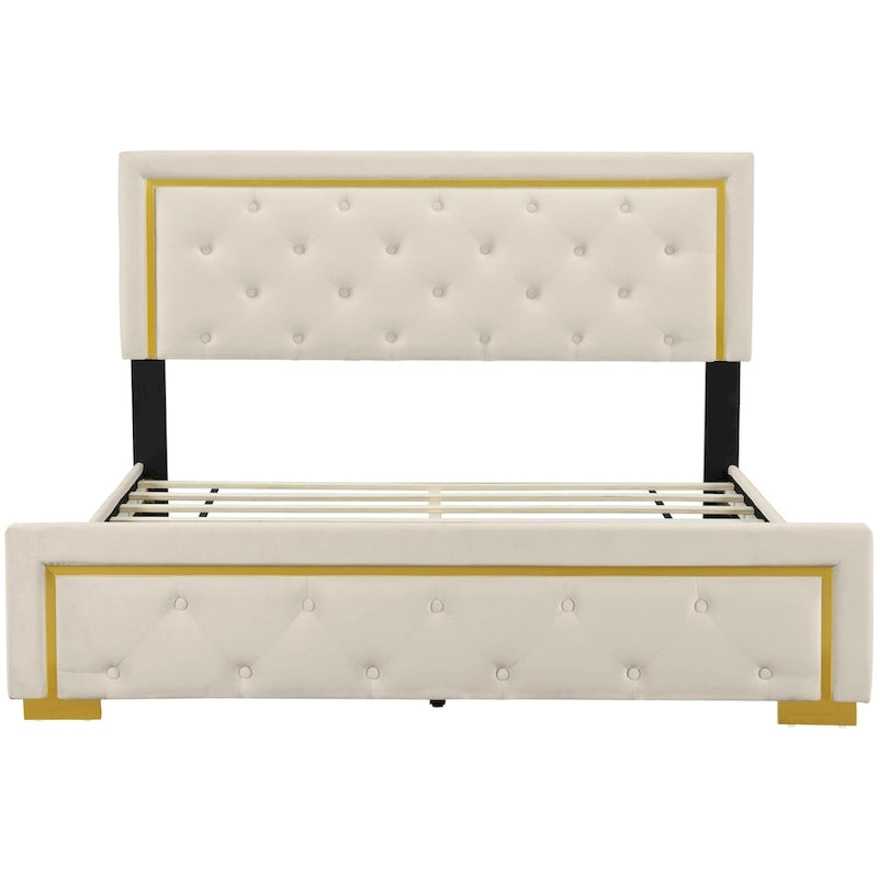 Lit plate-forme tapissé en velours Queen Size – Beige / Noir / Gris, Pour 2