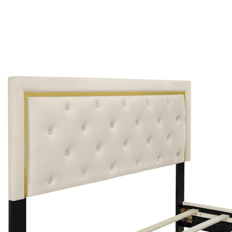 Lit plate-forme tapissé en velours Queen Size – Beige / Noir / Gris, Pour 2