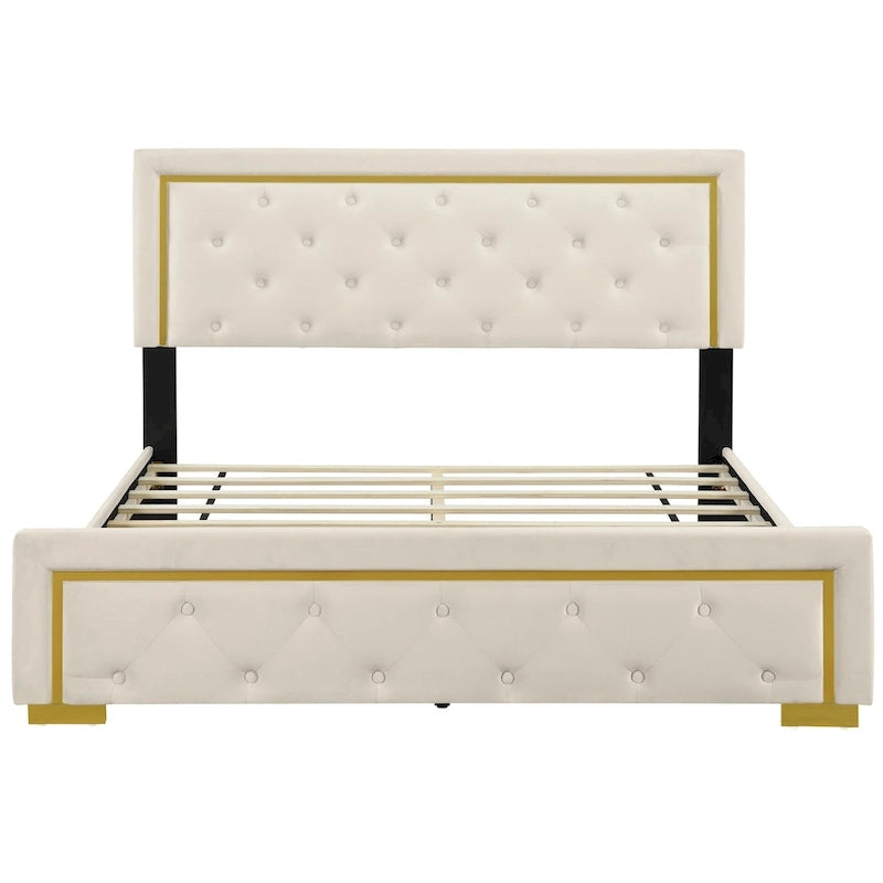 Lit plate-forme tapissé en velours Queen Size – Beige / Noir / Gris, Pour 2