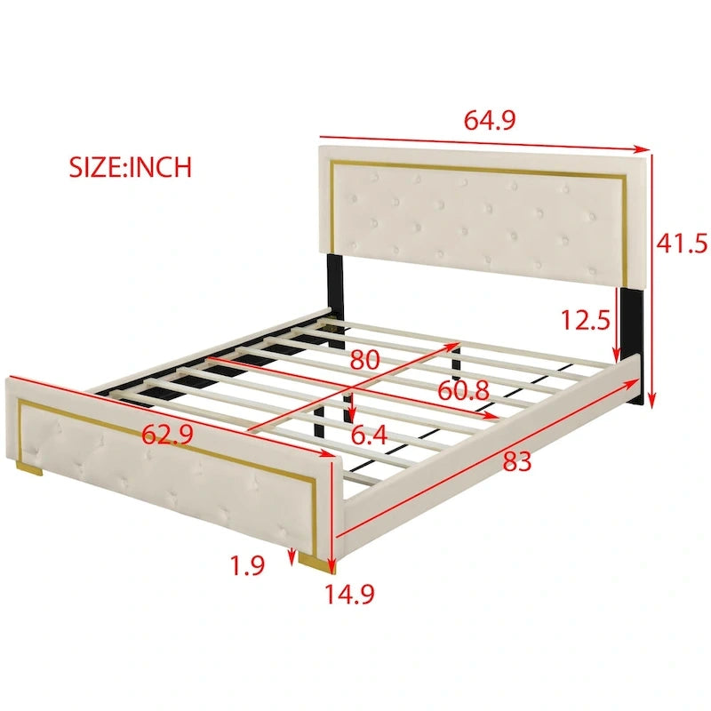 Lit plate-forme tapissé en velours Queen Size – Beige / Noir / Gris, Pour 2