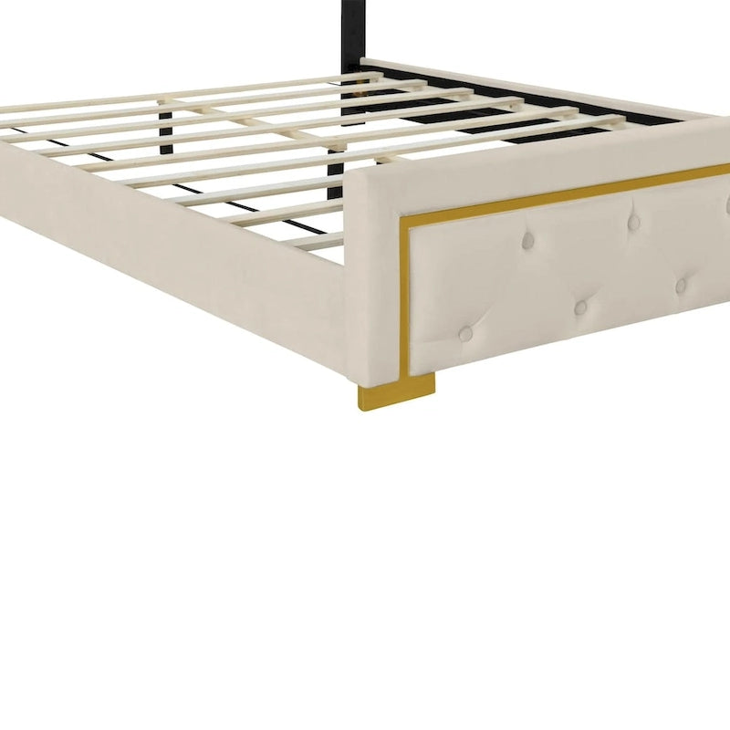 Lit plate-forme tapissé en velours Queen Size – Beige / Noir / Gris, Pour 2