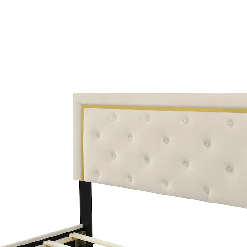 Lit plate-forme tapissé en velours Queen Size – Beige / Noir / Gris, Pour 2