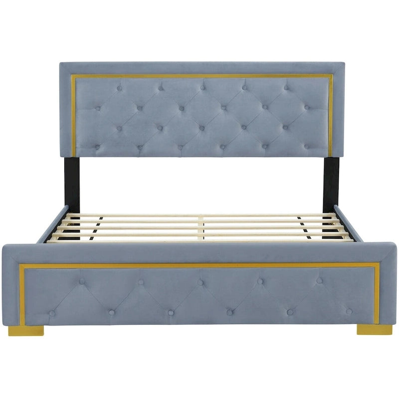 Lit plate-forme tapissé en velours Queen Size – Beige / Noir / Gris, Pour 2
