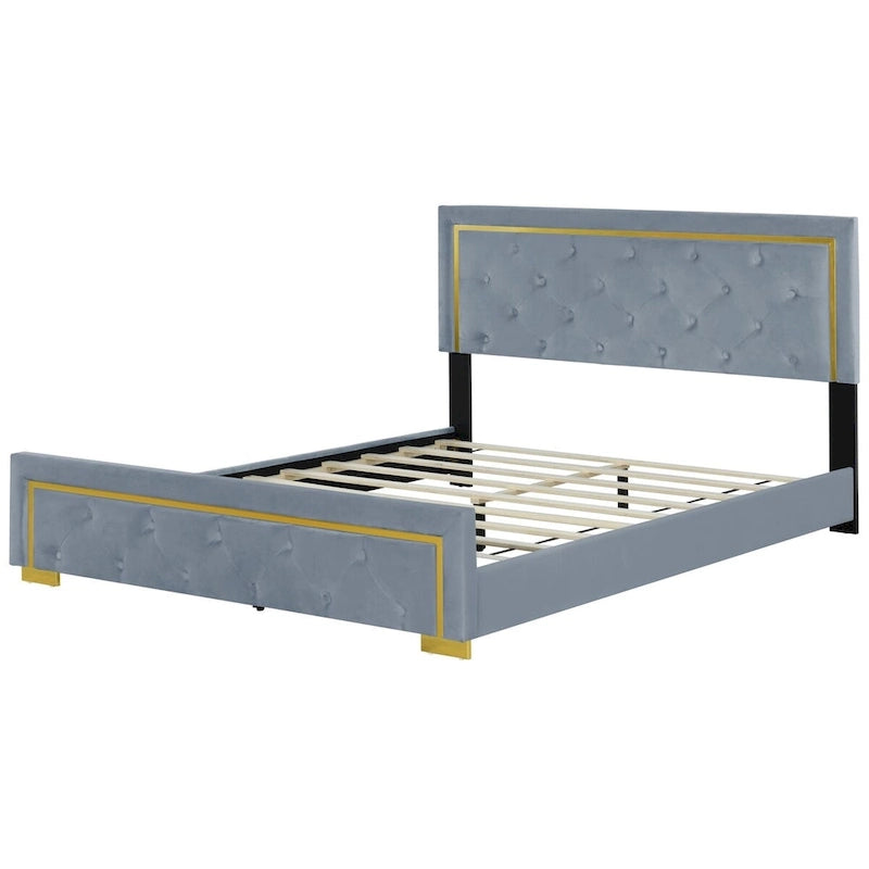 Lit plate-forme tapissé en velours Queen Size – Beige / Noir / Gris, Pour 2