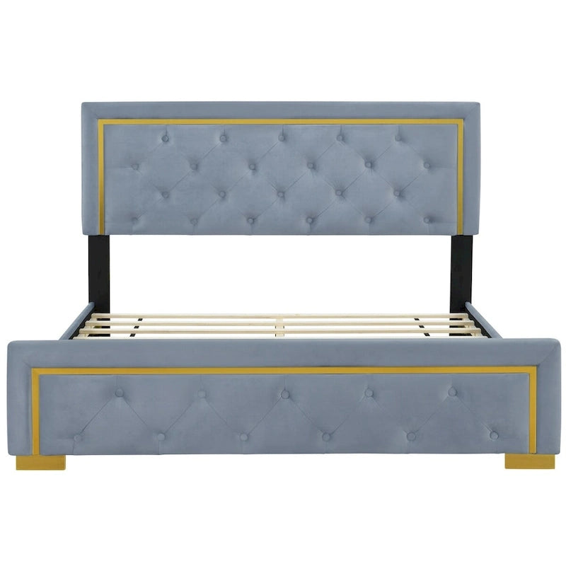 Lit plate-forme tapissé en velours Queen Size – Beige / Noir / Gris, Pour 2