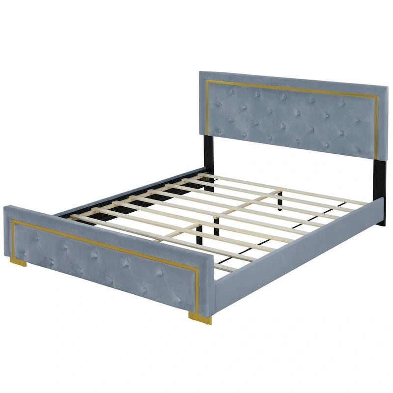 Lit plate-forme tapissé en velours Queen Size – Beige / Noir / Gris, Pour 2